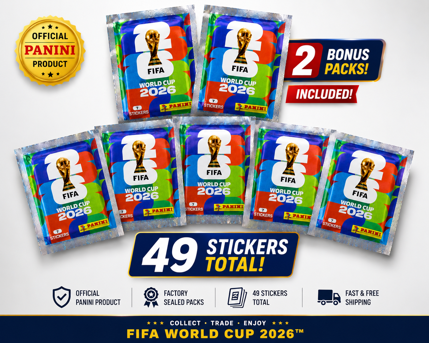 Panini FIFA World Cup 2026 Stickers 5 Packs + 2 Promo Packs 49 Stickers Total