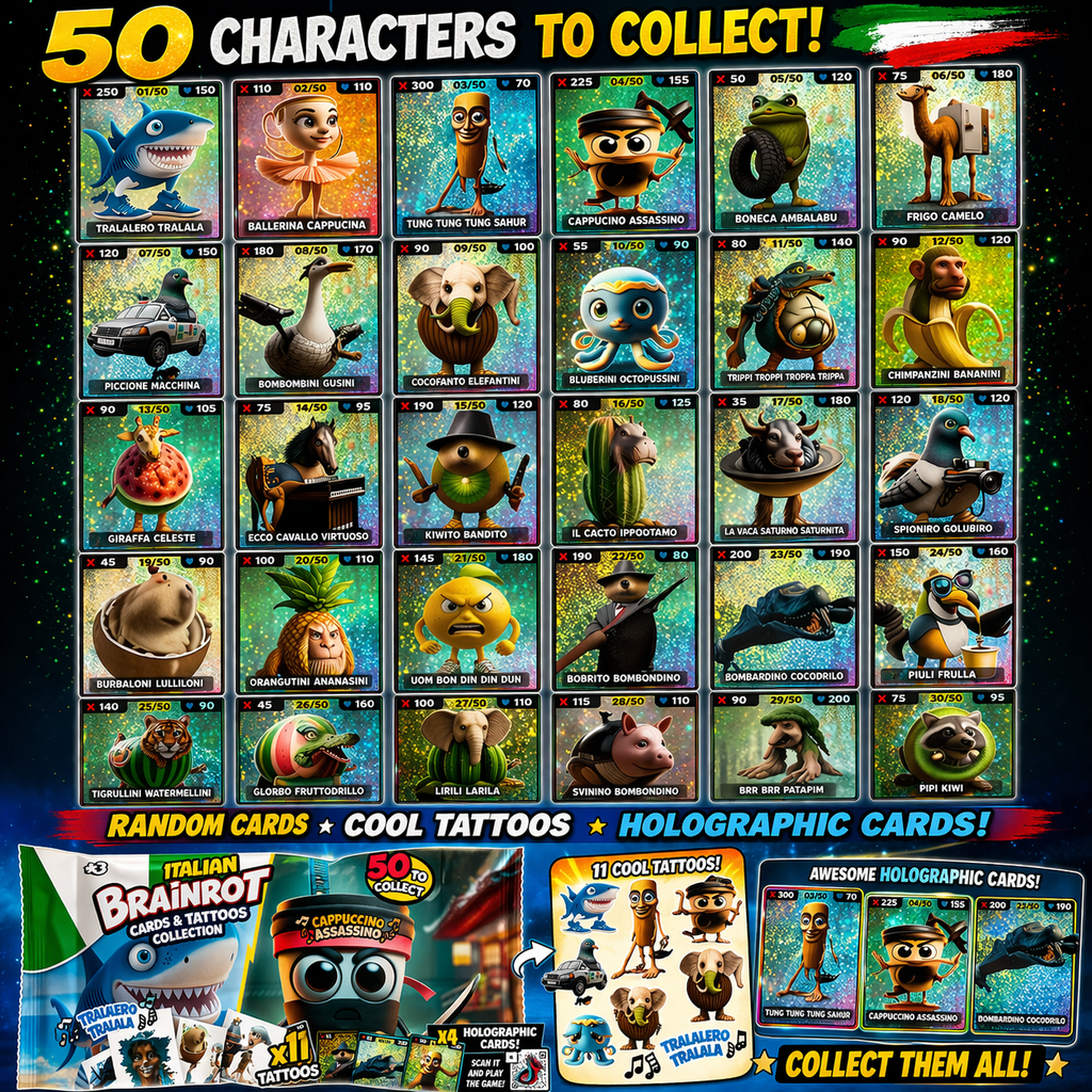 Italian Brainrot Cards Pack + Tattoos Random Holographic Meme Trading Cards