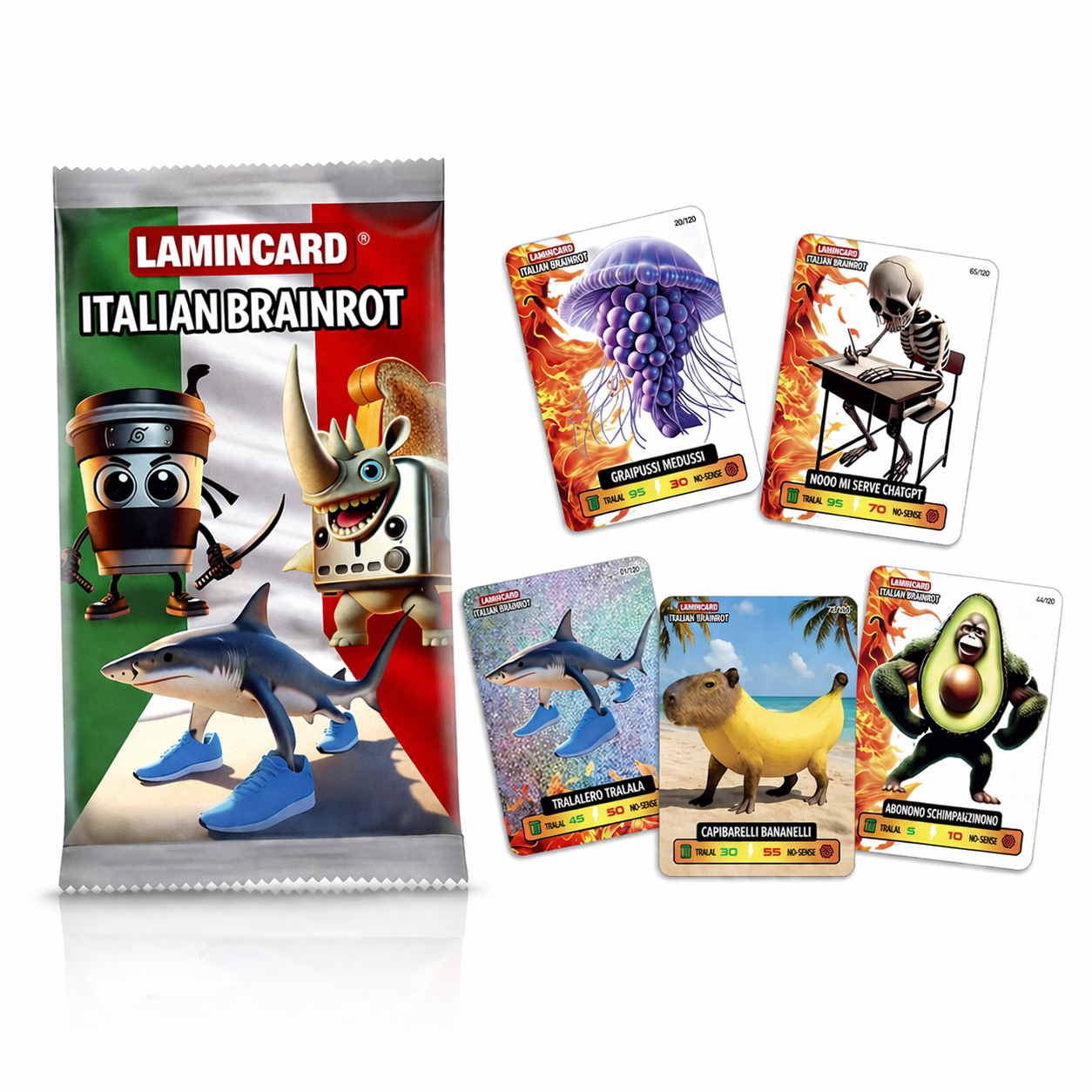 LAMINCARD Italian Brainrot Trading Cards 5 Premium Laminated Meme Cards Sealed